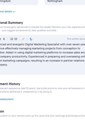 The Resume.io CV builder interface, specifically the work experience section.