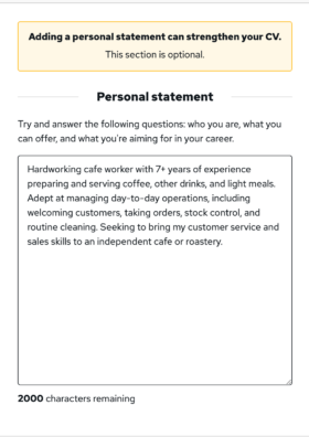 The Reed CV Builder's personal statement input area.