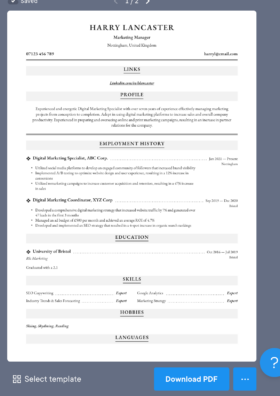 A preview of a CV built using Resume.io's CV builder.