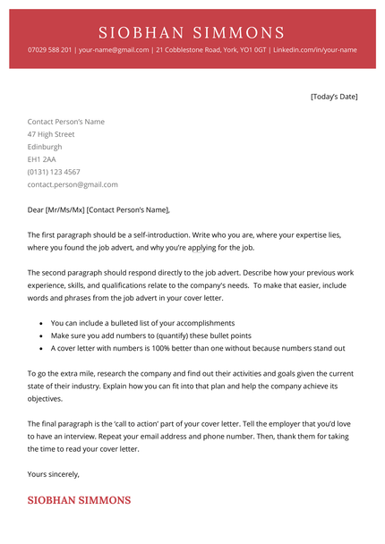 The 2025 cover letter template in red.