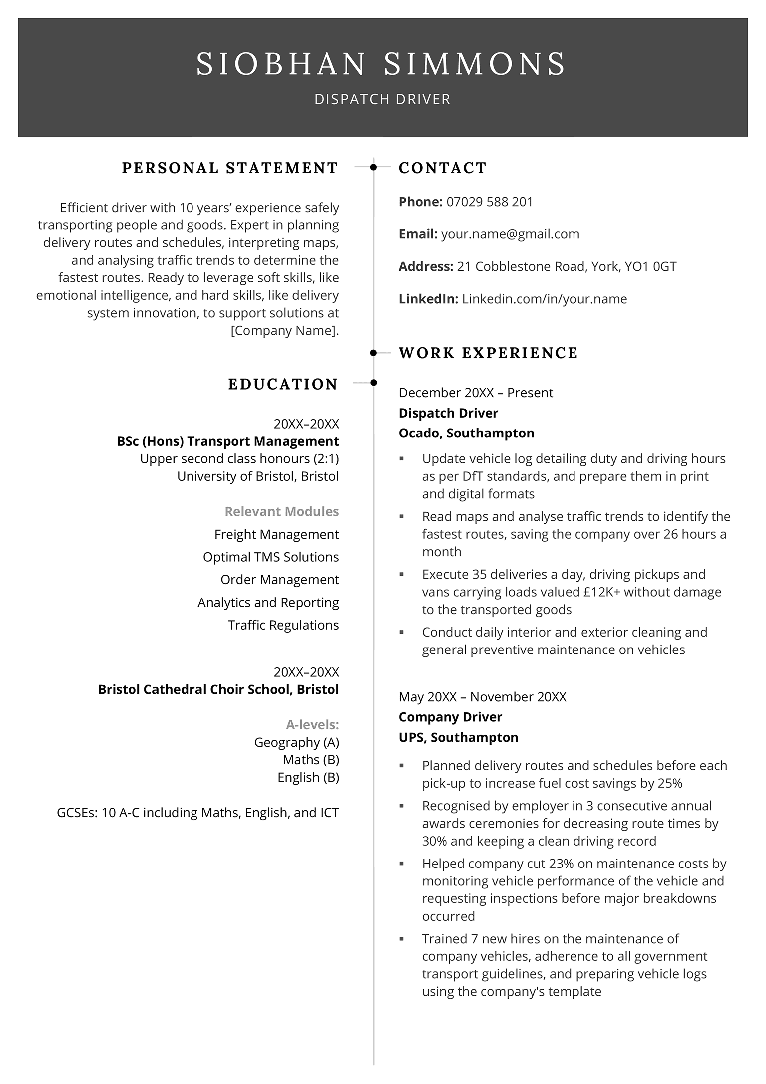 The first page of the 2024 CV template in black. This template features a unique, two-column design, with the personal statement and education section on the left-hand side of the page and the work history on the right.