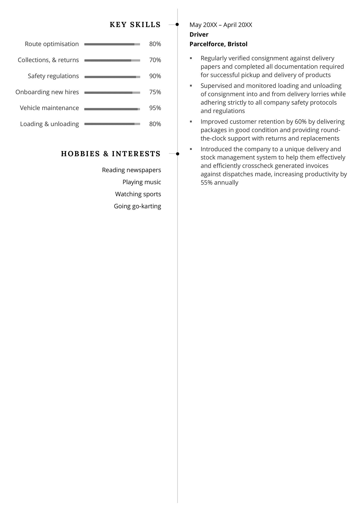 The second page of the 2024 CV template in a black colour scheme. This template features a unique, two-column design, with the candidate’s key skills displayed in skills bars along with their hobbies and interests on the left, while the right-hand column continues the work history section from the first page.
