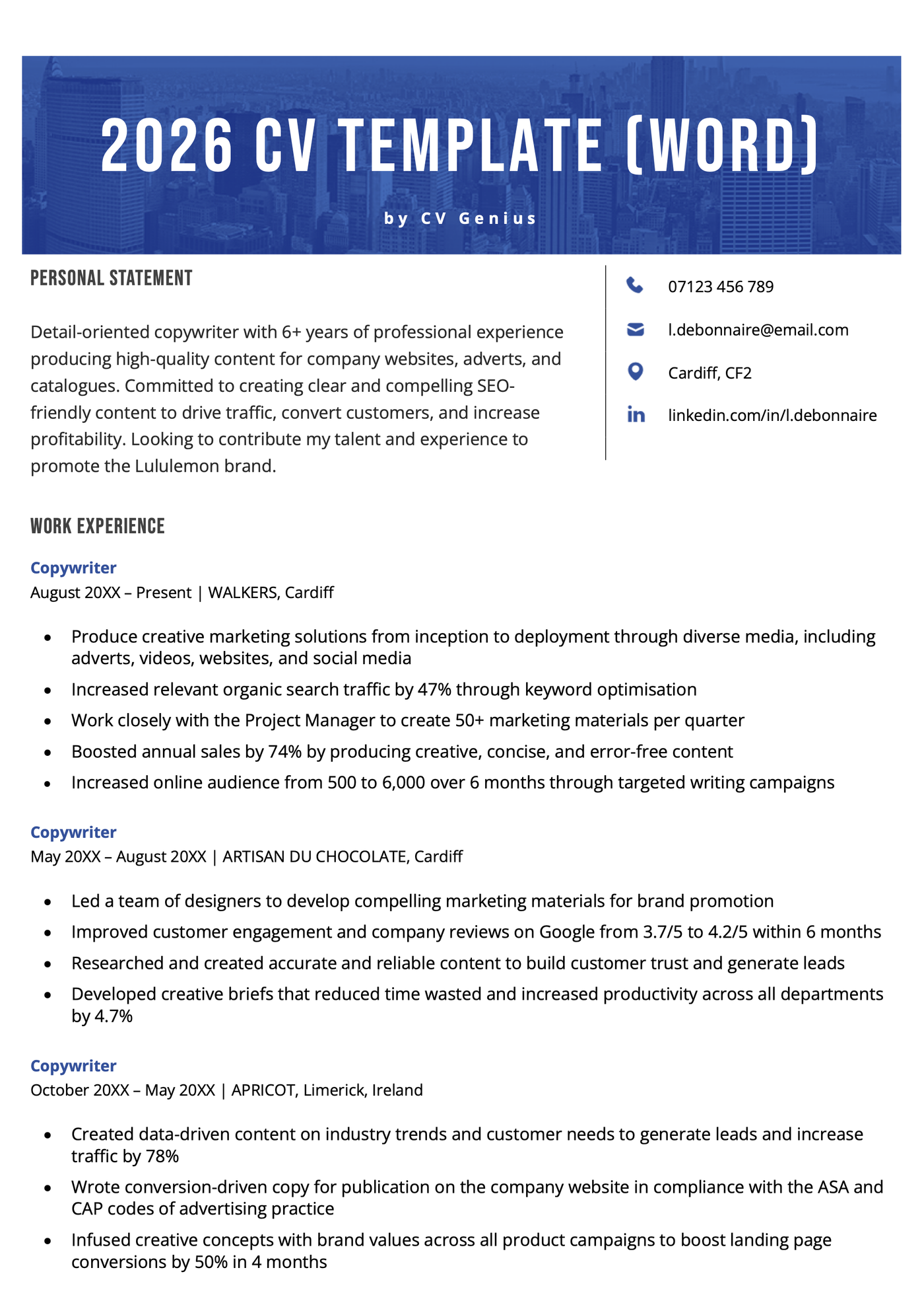 A 2026 CV template that you can download for Word and fill in with your own work experience, skills, and education.