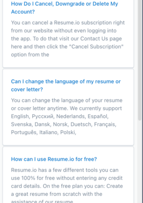 A screenshot showing Resume.io's support tool, showing several common questions and a field to search for other queries.