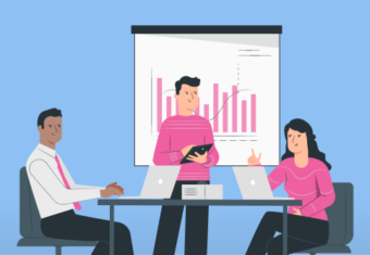Three cartoon characters in front of a screen showing a bar chart. They're using their analytical skills in the workplace.