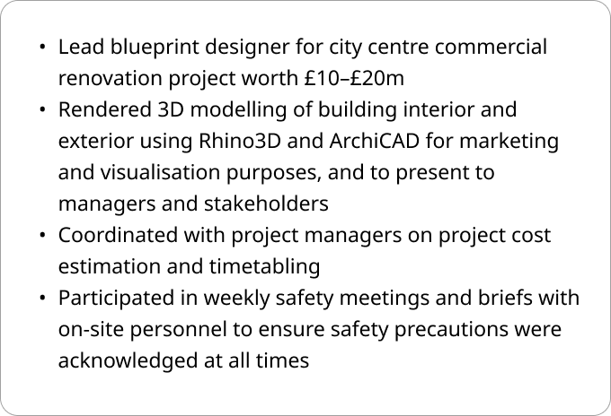 Example of a work experience section on an architecture CV example.