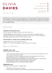 The Austere CV Template in burgundy featuring a modern header with the candidate's name left-aligned at the top and the contact details right-aligned. Below the header, the personal statement sits in a gray box, and below are the education and work experience sections divided by light gray lines.