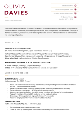 The Austere CV Template in burgundy featuring a modern header with the candidate's name left-aligned at the top and the contact details right-aligned. Below the header, the personal statement sits in a grey box, and below are the education and work experience sections divided by light grey lines.