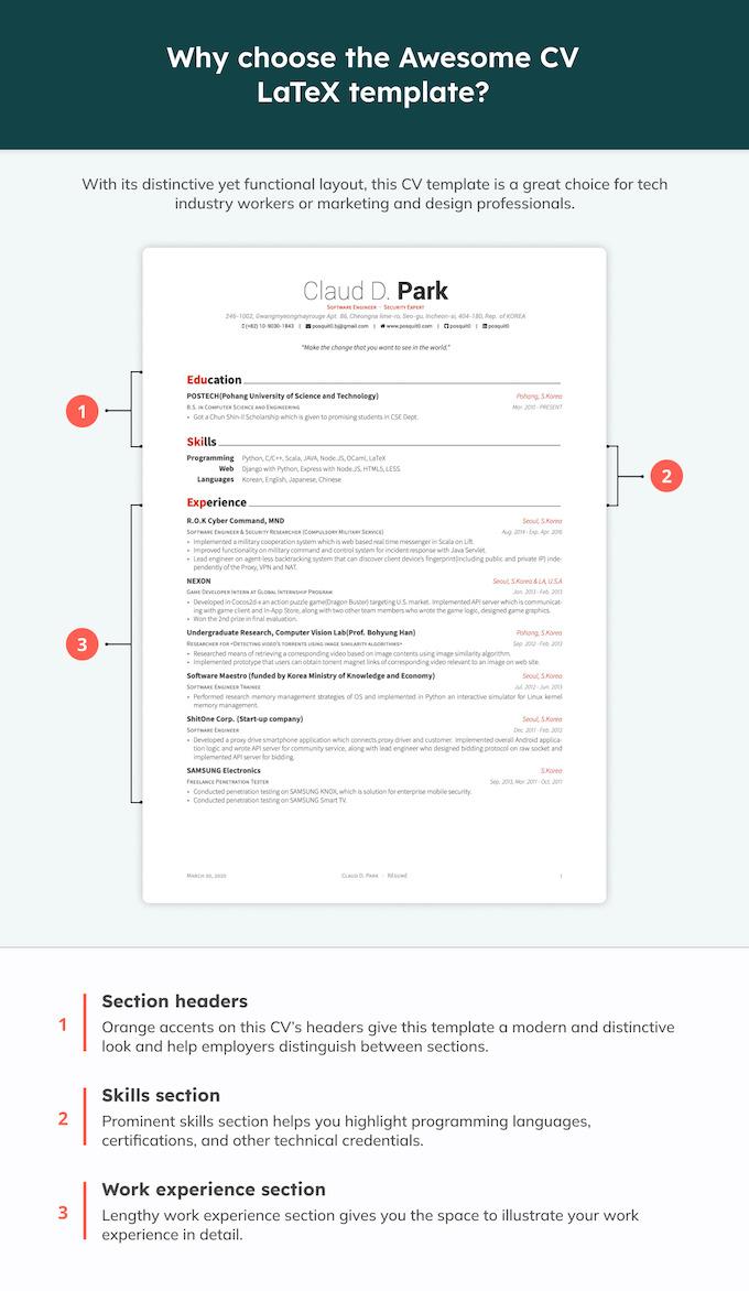 A LaTex CV template with annotations showing some of its key features.