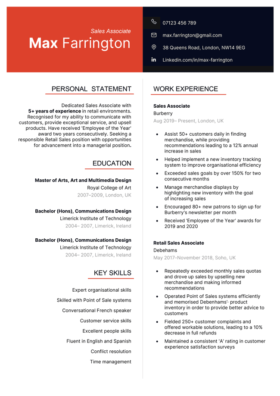 Black and orange version of the Bloomsbury CV template