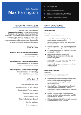 Blue and black version of the Bloomsbury CV template