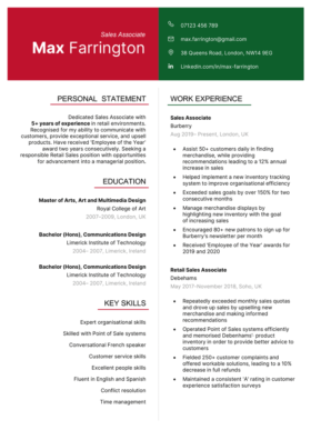 Green and red version of the Bloomsbury CV template