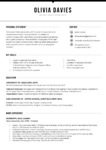 The "Bold" CV Template featuring a black bar along the top of the resume, with a dip in the center that draws attention to the candidate's name and title, below which the personal statement, contact information, skills, education, and experience are all neatly organized. 
