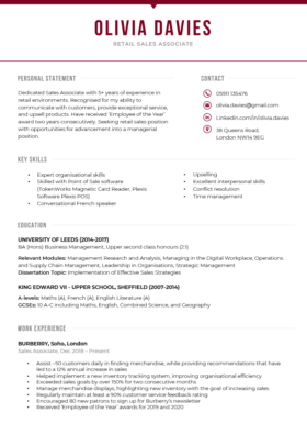 The Bold CV Template in burgundy