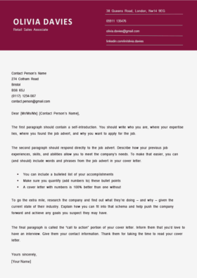 Cover Letter Template for UK: Brixton, Burgundy