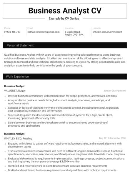 A business analyst CV example with a black box outlining the applicant's name and black rectangles separating each section of the resume.