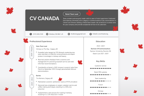 une illustration d'un CV canadien en anglais avec des icônes de feuilles d'érable rouges sur le fond