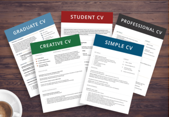 An image showing a sampling of some of the most common CV examples with boldly coloured headers.