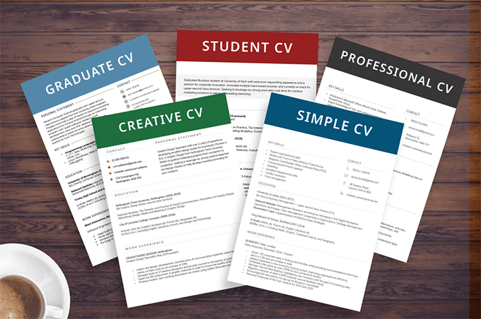 An image showing a sampling of some of the most common CV examples with boldly coloured headers.