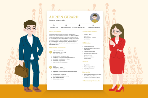 une illustration d'un homme et d'une femme professionnels de chaque côté d'un CV espagnol avec photo sur un fond jaune clair