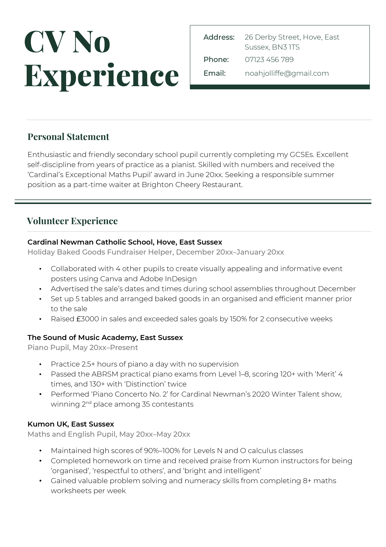First page of a CV example for a 16-year-old with no experience 