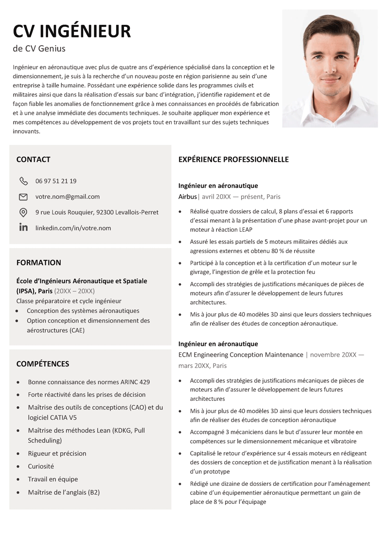 un exemple d'un modèle de CV ingénieur de couleur marron avec photo
