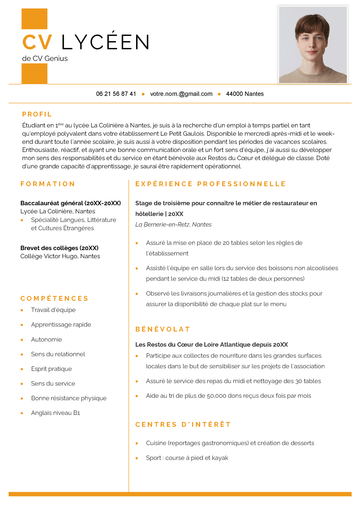 exemple d'un modèle de CV lycéen avec une photo professionnelle et des rubriques CV aérées
