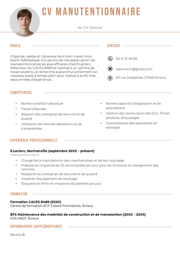 exemple d'un modèle de CV manutentionnaire