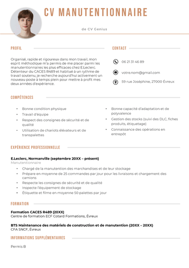exemple d'un modèle de CV manutentionnaire