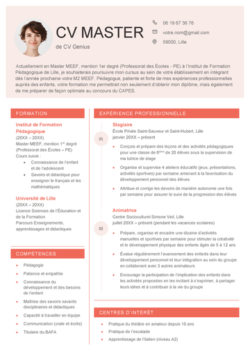 exemple d'un modèle de CV Master à deux colonnes avec des rubriques CV aérées et espacées