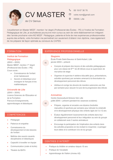 exemple d'un modèle de CV Master à deux colonnes avec des rubriques CV aérées et espacées