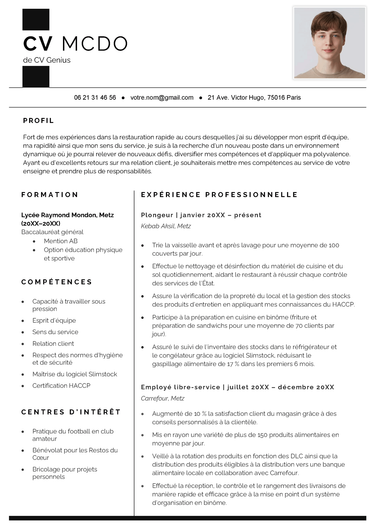 exemple d'un modèle de CV mcdo avec un en-tête simple, une photo professionnelle et des rubriques CV aérées et bien organisées.