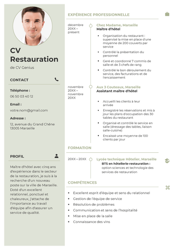 exemple d'un modèle de CV en restauration