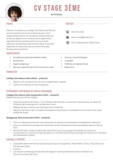 exemple d'un modèle de CV pour stage de 3ème
