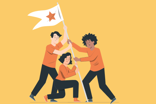An illustration representing teamwork skills with three people working together to put up a flag