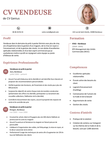 exemple d'un modèle de CV vendeuse avec une photo professionnelle et un en-tête de couleur terra cotta