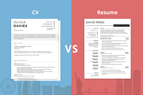 A CV vs resume being compared to each other, with the CV template being multiple pages and placed in front of a light blue background, and the resume template set against a red background