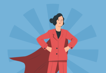 Illustration of a\woman in a business suit and superman cape standing confidently as if about to answer a what are your strengths interview question.
