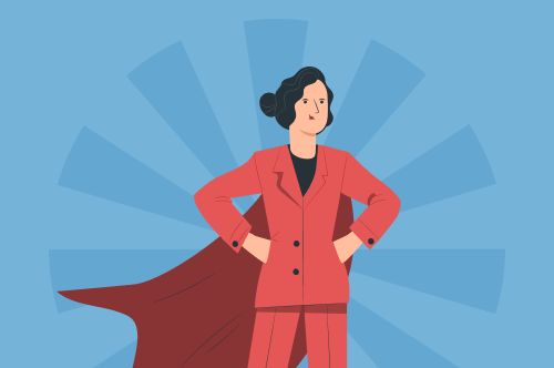 Illustration of a\woman in a business suit and superman cape standing confidently as if about to answer a what are your strengths interview question.