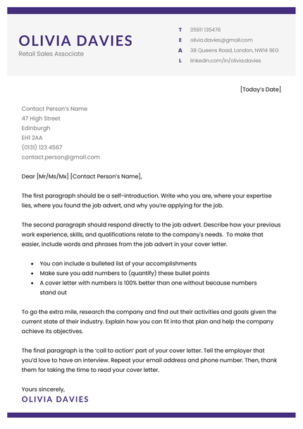 The Cambridge cover letter template in purple.
