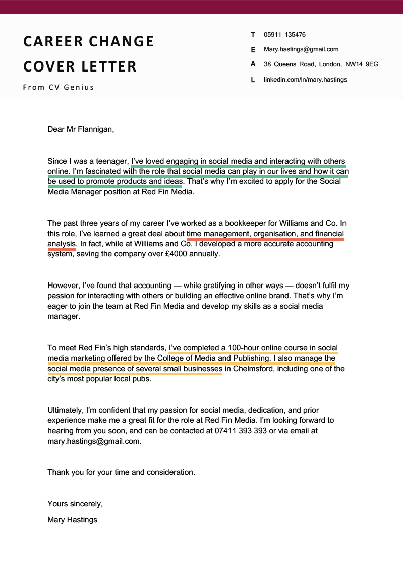 An example of a career change cover letter that is topped in red trim and features sans-serif font choices. Green, orange, and yellow highlights pick of elements of this cover letter example that are referenced on the webpage.