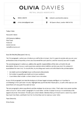 The Contemporary cover letter template in black.