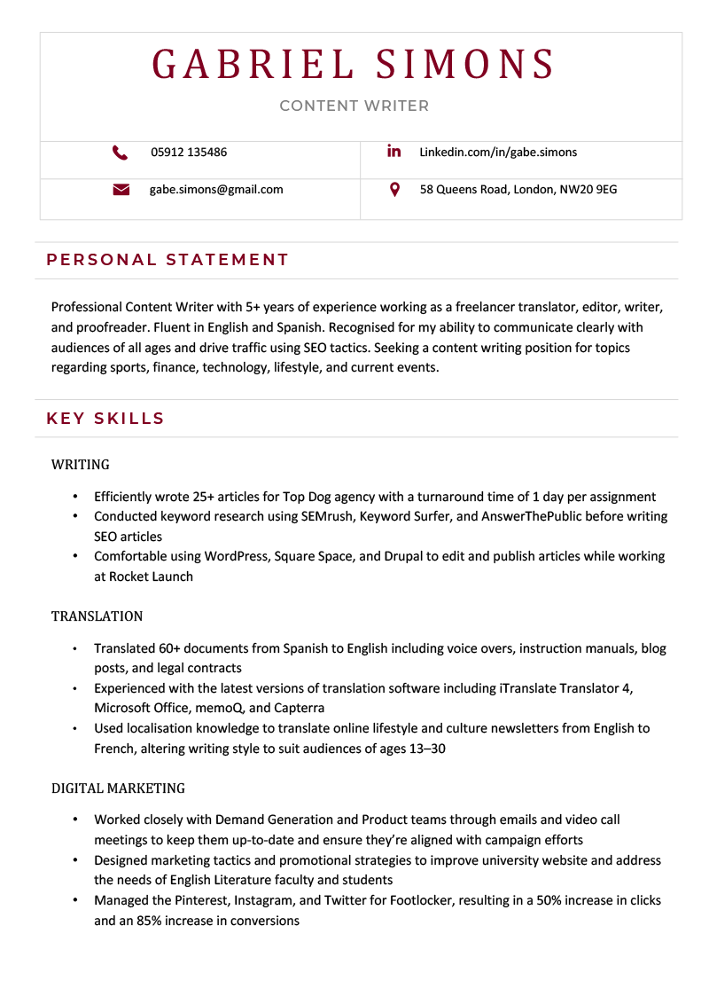 The first page of a content writer skills based CV example using a contemporary CV template in burgundy