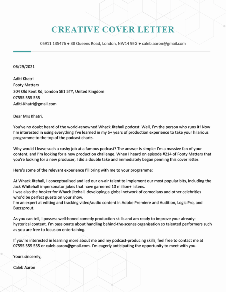 5 Best Cover Letter Examples For UK Job Applicants   Creative Cover Letter Example 768x994 