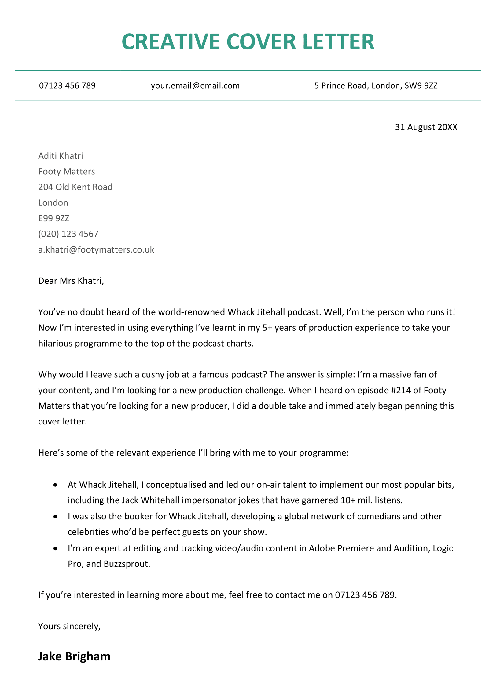 example cv cover letter uk