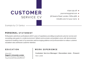 The first page of a purple customer service CV with the applicants personal statement against a purple backdrop, as well as two work experience entries.
