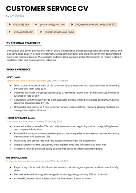 The first page of an orange customer service CV highlighting the applicant's name, and work experience entries.