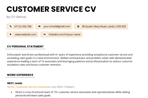 The first page of a purple customer service CV with a vertical purple stripe highlighting the applicant's name, and two work experience entries.