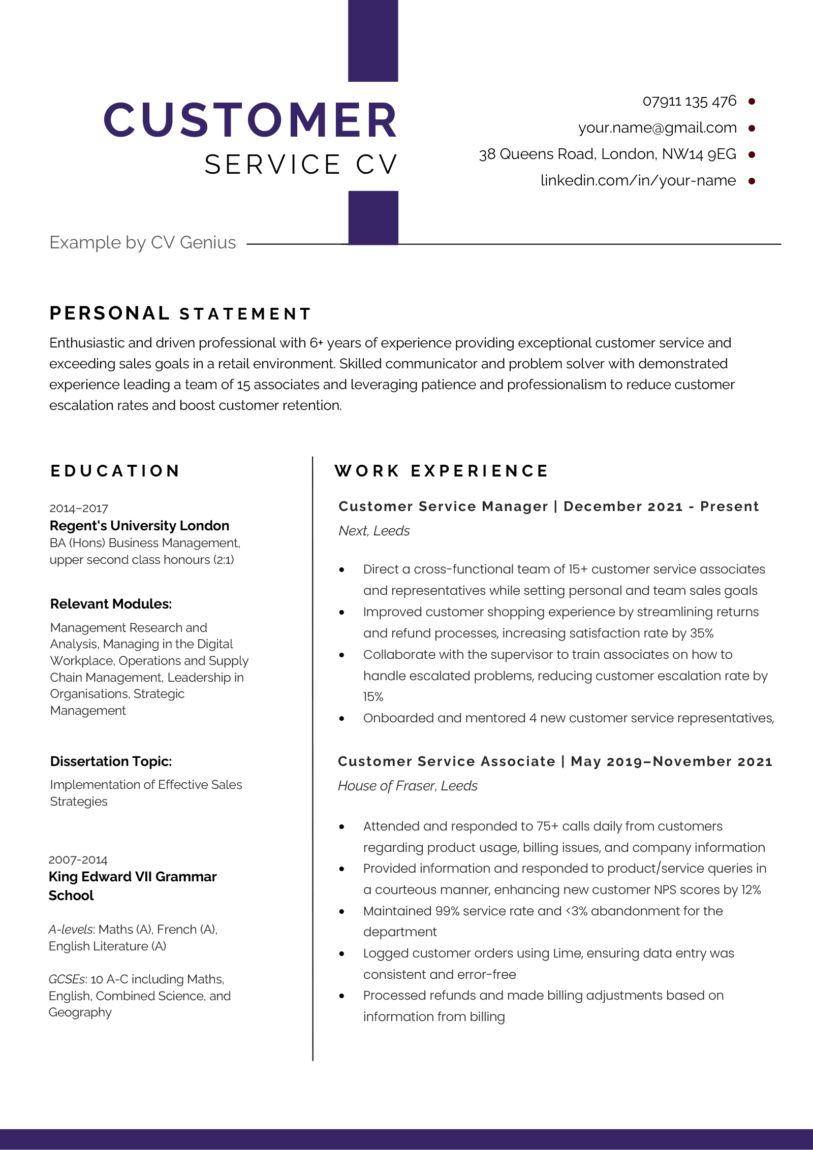 Customer Service CV Example UK Template Skills Customer Service CV Example UK Template Skills
