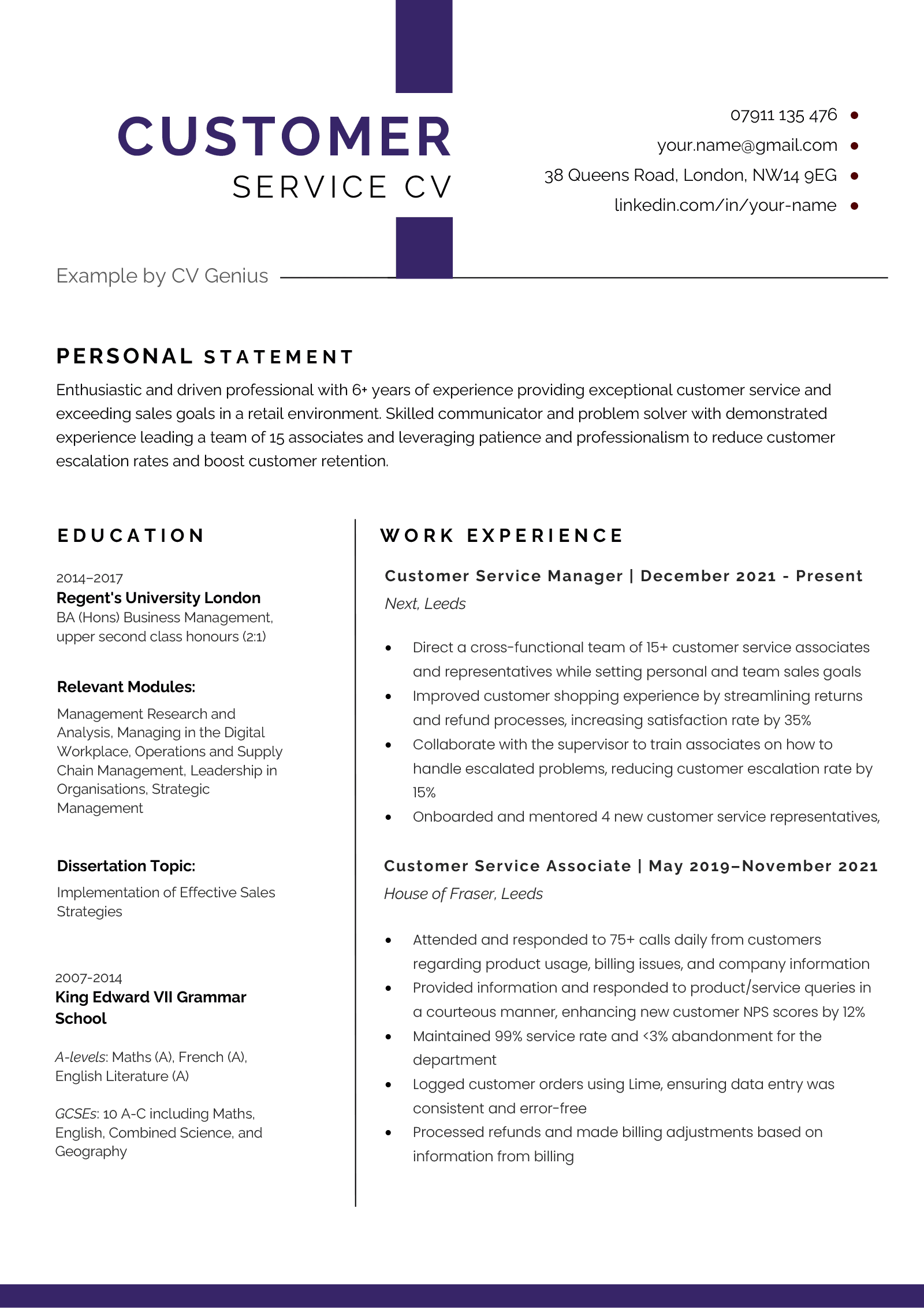 An example of the first page of a customer service CV.